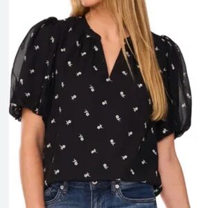 CeCe Floral Embroidered Black Short Sleeve Blouse Shirt Top Small